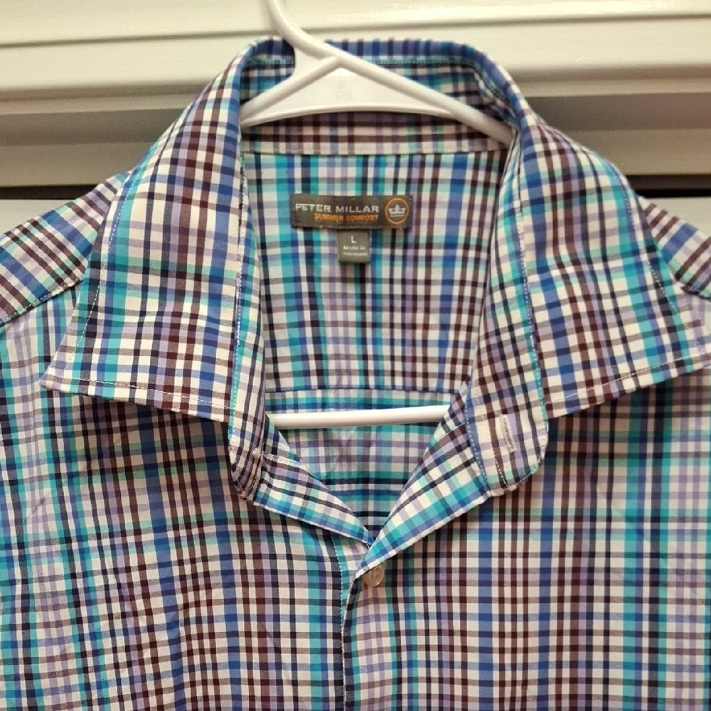 Peter Millar Men's Large Blue Purple and Brown Checkered Performance Shirt